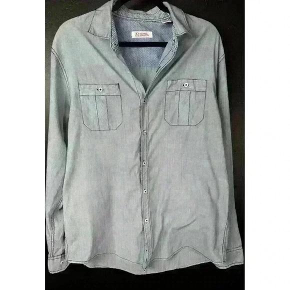 Michael Brandon Mens Button Front Shirt Gray Blue Pin Dot Short Sleeve Pocket L - Picture 1 of 7